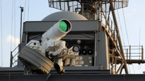 A laser weapon system on the USS Ponce, which has been deployed to the Persian Gulf. The Navy released a video showing the system taking target practice.